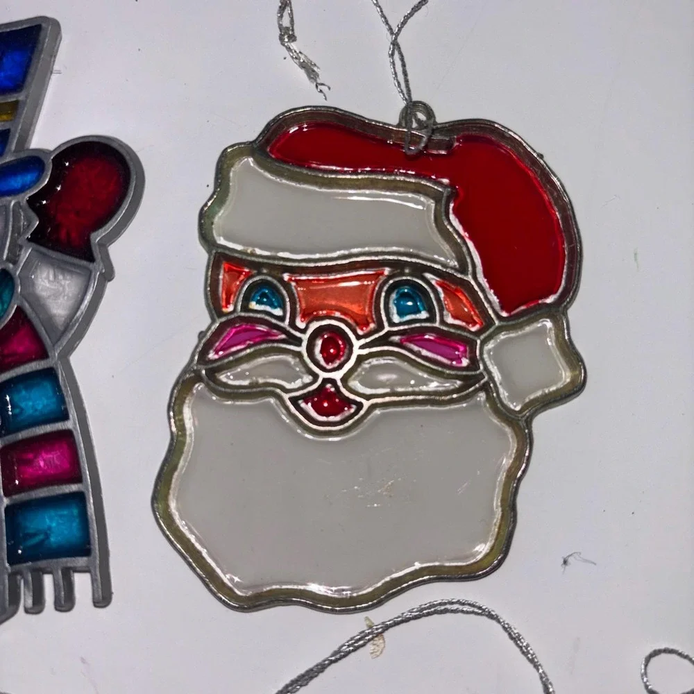 Vtg Christmas Metal Stained Glass Suncatcher Lot 6 Santa Snowman Rocking Horse